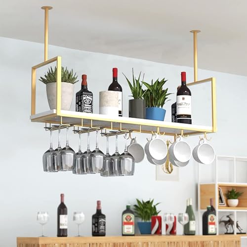 HOLMZCED Ceiling Mounted Wine Rack, 31.5 Inch Metal Wine Rack with Wine Glass Holders Hanging Goblet Shelf Wine Storage Organizer Wine Display Stand Gold for Bar Hotel Cafe