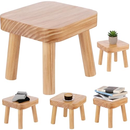 Xygobla Small Wooden Stool - Solid Wood Plant Stand Indoor Kids Step Stool Square Milking Stool Portable Side Table for House Plants Bedroom Bedside Bathroom Kitchen or Nursery-24x22x20cm