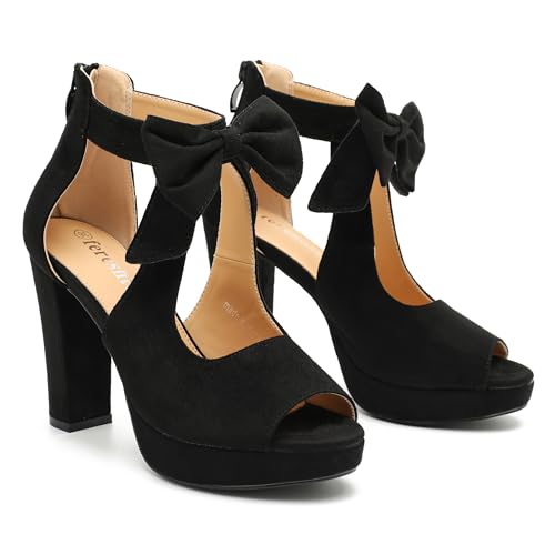 Image of fereshte Women's Bow Chunky Heel Sandals, Platform High Heel, Peep Toe, 3.94 Inch Block Heel