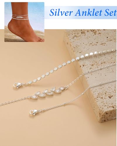 Image of ZHESHY Gold Silver Ankle Bracelets for Women 14K Gold Plated Anklets for Women Waterproof Cuban Link Heart Chain Anklets Set Non Tarnish Dainty Layered Anklet Bracelets for Women Summer Beach Jewelry