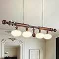 Wood and Globe Linear Chandelier Wooden Farmhouse Dining Room Light Fixture Rustic 4-Light Linear Kitchen Island Lighting Mid Century Modern Globe Hanging Pendant Light with Milk Glass Lampshade