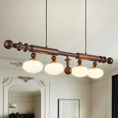 Image of Wood and Globe Linear Chandelier Wooden Farmhouse Dining Room Light Fixture Rustic 4-Light Linear Kitchen Island Lighting Mid Century Modern Globe Hanging Pendant Light with Milk Glass Lampshade