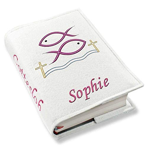 Gotteslob Gotteslobhülle Kreuz Fische Wasser pink Kunstleder mit Namen bestickt weiß, Farbe:weiß - Image 3