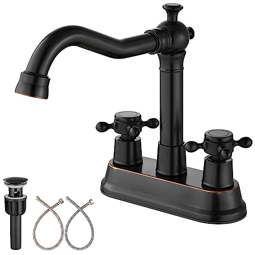 Aolemi Centerset - Grifo de lavabo de baño de bronce aceitado de 4 pulgadas de latón con asas dobles cruzadas, tocador vintage montado en la cubierta, grifo mezclador mezclador para lavabo, grifo de