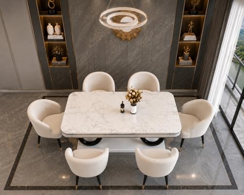 Image of WOODEN SPACE 6-Seater Wooden Dining Table Set | Nano Composite Marble Top | Solid Wood Base | Modern Dining Room Furniture with 6 Chairs (Lexus ClassicBeige)
