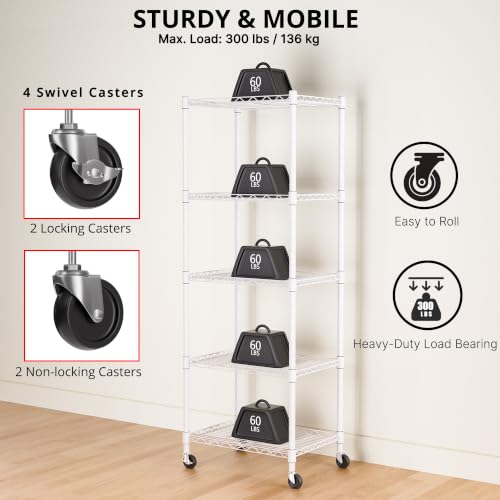 Image of REGILLER 5-Wire Shelving Metal Storage Rack Adjustable Shelves,Standing Storage Shelf Units for Laundry Bathroom Kitchen Pantry Closet(White,11.8 inch D x 16.6 inch W x 53.5 inch H,With Wheels)
