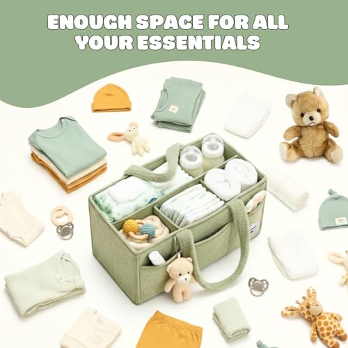 Image of OCEANEVO Cute Fur Diaper Caddy Organizer Bag WITH Luggage Tag AND Bear Charm, Baby Basket Essentials for Newborn Baby Products Storage with Compartments and Handle - 38 x 25 x 18 cm - Model 3 - Green