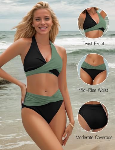 Image of Sopliagon Women's Bikini Sets Twist Front Two Piece Swimsuit Halter Bathing Suit