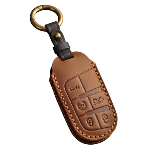 Hontumax Premium Leather Key Fob Cover for Chrysler 200 300, for Jeep Grand Cherokee Renegade Compass, for Dodge Durango Charger Challenger Hornet Journey (Brown)