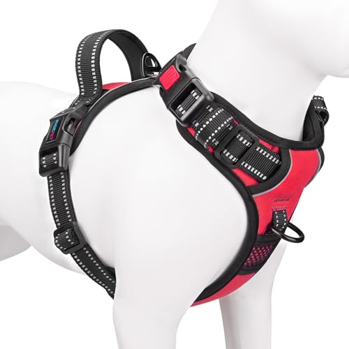 PHOEPET No Pull Hundegeschirr Verstellbares Hundewestengeschirr für den täglichen Spaziergang mit Schnalle am Hals und reflektierenden Streifen, Kontrollgriff für mittlere und große Hunde(Rot,XL)