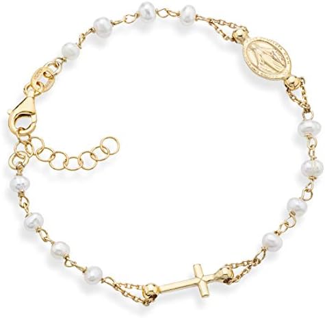 MiaBella 18K Gold over 925 Sterling Silver Handmade Italian 3.5-4mm White Cultured Freshwater Pearl Rosary Cross Charm Bead Bracelet for Women Teen Girls, Adjustable Link Chain, 925 Italy (Length 6 to 7 Inches)