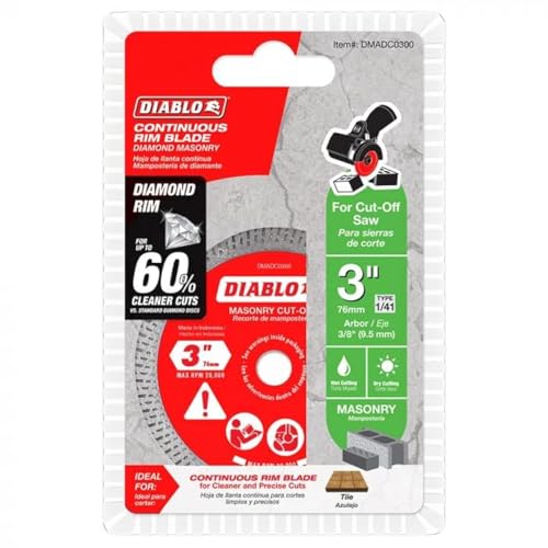 Diablo Diamond Continuous Rim Masonry Cuf-Off Disc for Granite, Marble, Porcelain and Tile - 3" Diameter, 3/8" Arbor, 1/41 Hub Type - DMADC0300 -  Freud
