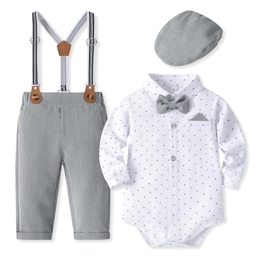Fohuanky Bebé Niño Traje Formal Caballeros Ropa Conjunto Romper Camisa con Pajarita Tirantes Pantalones y Sombrero para Boda Fiesta de Cumpleaños