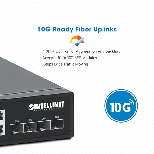 Image of Intellinet 24-Port Unmanaged PoE+ Gigabit Ethernet Switch - 370W Power Budget, 4 x 10 Gbps SFP+ Ports, Rackmount / Desktop, Autosensing Ports, Sturdy Metal - 3 Yr Mf Warranty - 561761