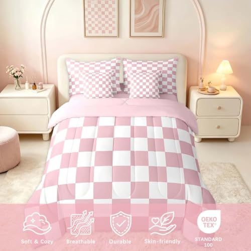 Image of Feelyou Checkered 7 Piece Bedding Set Teen Women Men Pink Plaid Comforter Set with Sheets Queen Size Kids Boys Cute Retro Neutral Checkerboard Geometric Bed in a Bag Vintage Aesthetic Room Decor