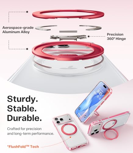 Image of TORRAS 360 Magnetic Stand for iPhone 17 Pro Case, [Rotatable Sturdy Kickstand][Fit for MagSafe][4X Mil-Grade Shockproof] Slim Transparent Phone Cover, Camera Button, Crystal Pink, Ostand O3 Fitness