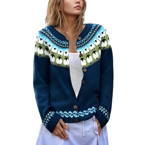 Generisch Damen Norweger-Strickjacke mit Schaf-Motiv - Vintage Cardigan mit Knopfleiste | Gemütliche Strickjacke für den Herbst