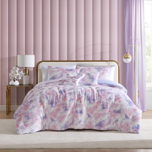 Betsey Johnson - Twin Comforter Set, Soft Plush Bedding with Matching Sham & Throw Pillows, Dorm Essentials (Sunset Tie Dye Pink)