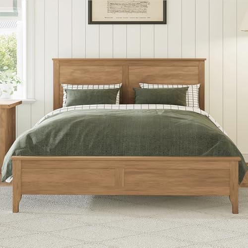 Image of Harper & Bright Designs Modern Farmhouse Platform Queen Bed Frame, Solid Wood Platform Bed Frame with Headboard, Sturdy Wooden Foundation with Wood Slats for Living Room, Seadrift