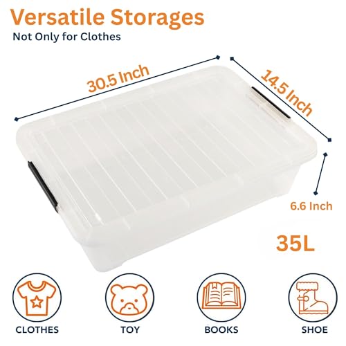 Image of Clear Heavy Duty Transparent Under Bed Bulk Storage Container with Lids, 35 Litre, Dustproof, Stackable, Clip On Lid, BPA Free, Multipurpose Bed Storage Box with Roilling Wheels (Pack of 4)