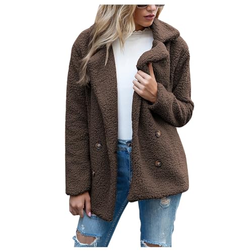 Damen Wollmantel Winter Trenchcoat Kurzer Mantel Teddymantel Elegante Mäntel Braun L
