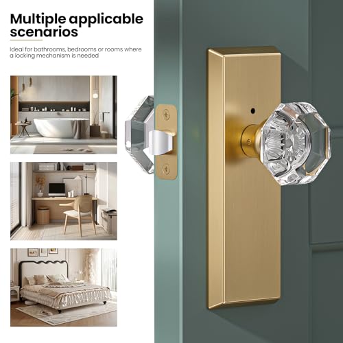 Image of Glass Door Knobs for Interior Doors - Vintage Crystal Privacy Bedroom & Bathroom Door Knob with Lock - Diamond Cut Door Handle - Satin Brass Finish (1 Pack)