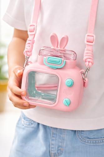Image of Vasukie Kids Water Bottle 600ml with Straw & Strap | Cute Leak-Proof Sipper Bottle for Boys & Girls | BPA-Free, Portable School Water Bottle | (Camera Bottle)