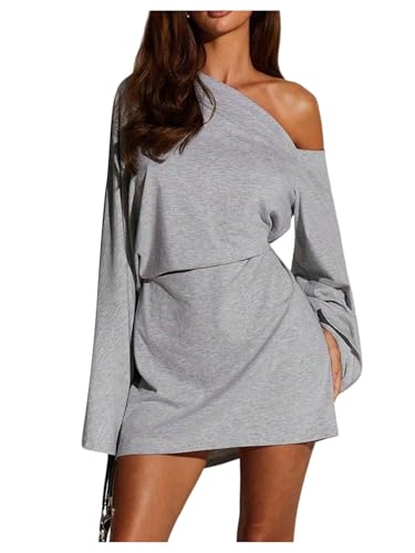 Milumia Women's Off The Shoulder Ruched Mini Dress Asymmetrical Long Bell Sleeve Casual Dresses Grey Medium