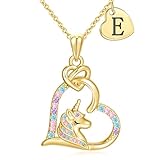 C-leen Unicorn Initial Necklaces for Girls, 14K Gold Plated Colorful Unicorn Necklaces Heart Pendant Initial E Necklaces for Teens Birhtday Gifts for 4 5 6 7 8 9 10 11 12 13 14 Year Old Girl