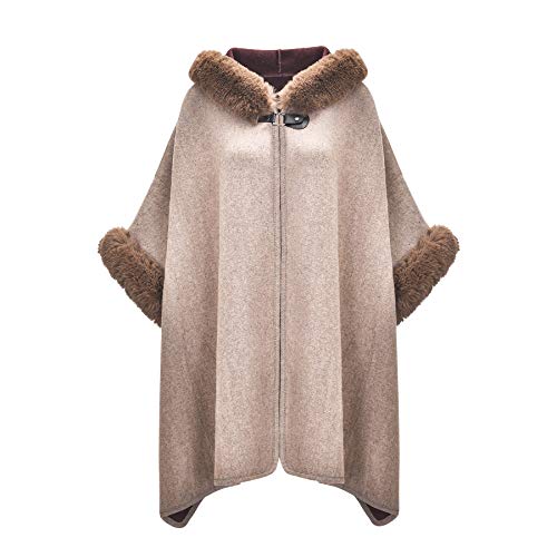 Image of ZLYC Women Winter Fashion Faux Fur Trim Layers Hooded Cardigan Warm Cape Sweater Cloak