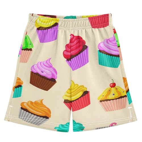 J JOYSAY Cartoon Cupcake Assortment Beige Boys Athletic Shorts Kids Youth Casual Shotrs with Pockets Elastic Waistband