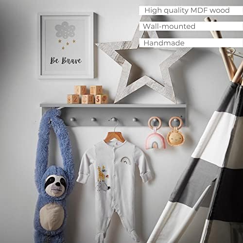 Haus Projekt Wall Shelf with Hooks - Grey, Coat Rack with Shelf with 7 Pegs -  Floating Wall Shelf, Wooden Wall Hooks, Storage Hooks for Hanging Coats, Towels, Accessories, Kitchen Storage