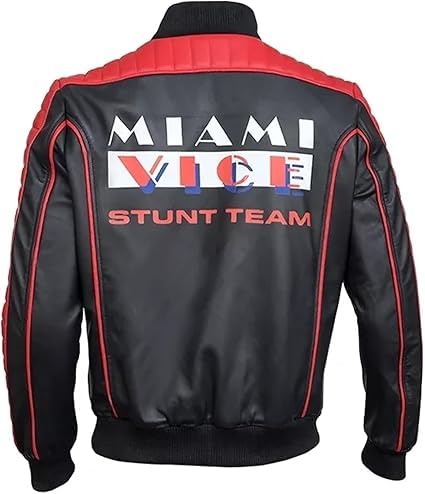 HASZAI Mens Stunt Team Ryan Fall Costume Guy Black Red Leather Jacket Vintage Miami Stunt Team Jacket (US, Alpha, Small, Regular, Regular, Stunt Team PU Jacket)