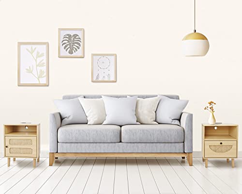 Babenest Rattan Nightstand Side Table With Charging Station, Wooden End Table With Door, Square Bedside Table With Open Storage For Bedroom Living Room (Natural Walnut) #TOP1