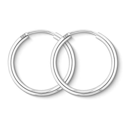 Boucles D'Oreilles Rondes Classiques Or Blanc 585/1000 Petites Créoles pour Femme - Diamètre 20 mm, Largeur 2 mm