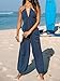 CUPSHE Women's Plunge Halter Sleeveless Pleated Long Romper Knit Jogger Maxi Jumpsuit with Pockets
