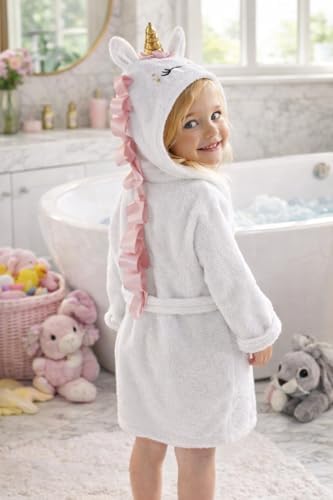 Çocuk Bornozu Kapşonlu-Hayvan Figürlü-Kız Bebek Bornoz-Çocuk-Beyaz Unicorn-(9-10 Yaş) - Görsel 5