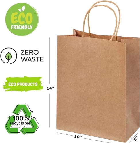 Image of Brown Kraft Paper Bags with Handles- 50pcs 10 inchx14 inchx5 inch Medium Size Bags, Return Gift Craft Paper carry Bag for Shopping Retail Merchandise - Disposable