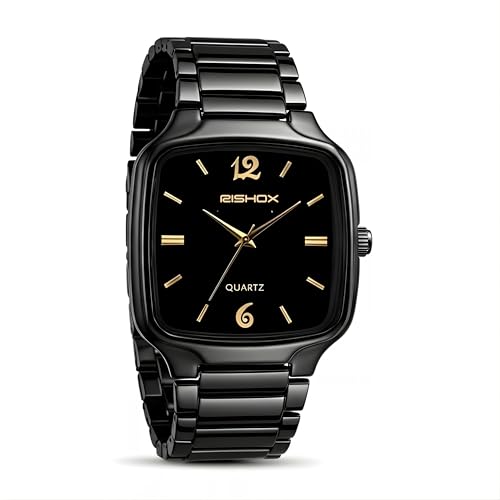 Image of Men's Analog Watch | Black Dial Square Stainless Steel Strap | Slim Quartz Wrist Watch for Men & Boys | Stylish Formal Casual Water Resistant Watch