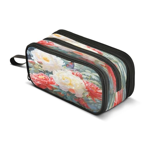 Astuccio con fiori di peonia e farfalla grande capacità per ragazzi e ragazze astuccio a 3 scomparti per studenti cancelleria organizer per scuola ufficio lavoro Peonia Fiore