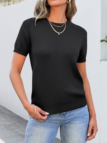 Image of ANRABESS Womens Short Sleeve Sweaters Wool Blend Crew Neck Sweater Shirts Business Casual Work Tops 2026 Summer Outfits