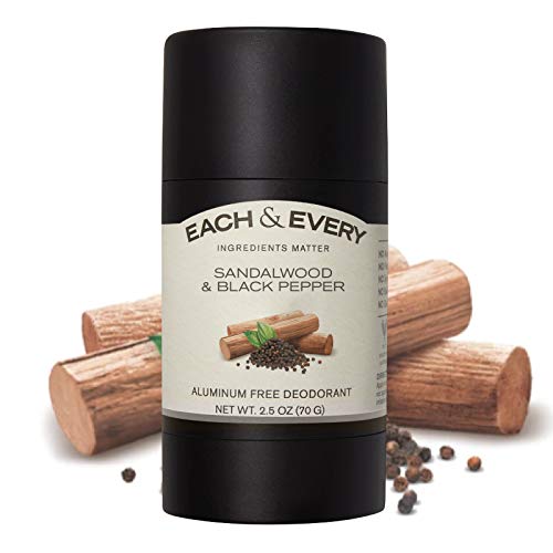 Each & Every Natural Aluminum-Free Deodorant for sensitive skin made with Essential Oils, Plant-Based Packaging, Sandalwood & Black Pepper, 2.5 Oz.