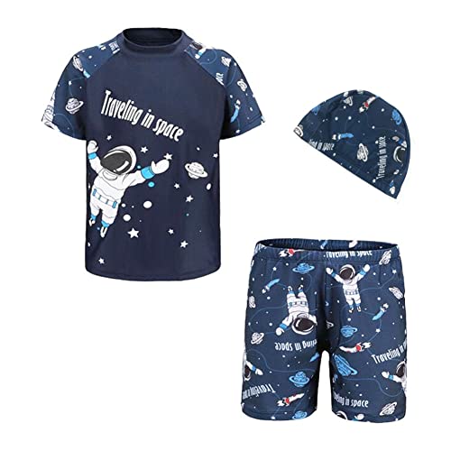FedMois Kleinkinder Jungen Badeanzug 3-teiliges Schwimmkleidung Set Badeshirt Badeshorts Bademütze, Astronaut, Gr. 134/140 (Herstellergröße 4XL)
