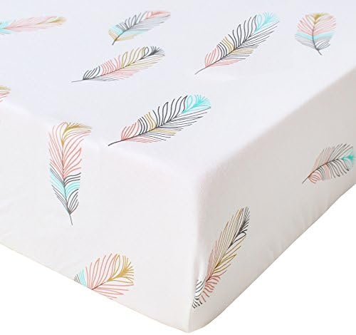 LifeTree Soft Fitted Crib Sheet - Feather Print Premium Cotton Unisex Toddler Bed Sheets for Baby Girls or Baby Boys - Fits Standard Crib Mattress