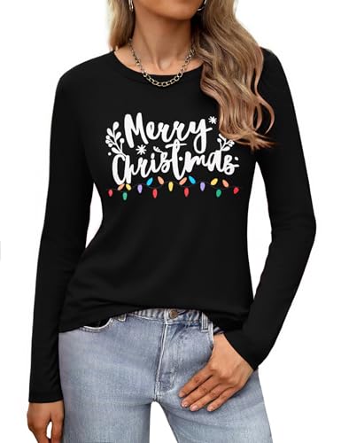 Gyabnw T-Shirt mit Aufschrift Merry Christmas für Damen, mit Weihnachtsbaum-Lichtern, für Urlaub, lustig, Bedruckt, Geschenk, C-schwarz, L