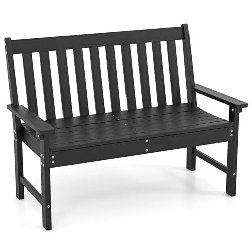 Image of COSTWAY 2-Seater Garden Bench, All-Weather HDPE Patio Loveseat Park Bench Chair, Outdoor Furniture Leisure Porch Seating for Balcony, Lawn, Backyard and Poolside, 300kg Load Capacity (Black)
