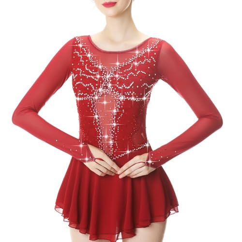 Vestido de patinação artística, fantasia de competição de renda de strass brilhante, collant de danç