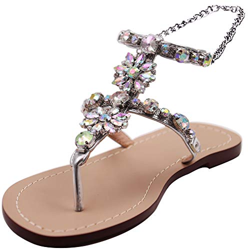Monrovia Women's Wedding Sandals Crystal Rhinestone Gem sparkling Dress Flip-Flop Gladiator Bridesmaid Shoes Silver Size 8