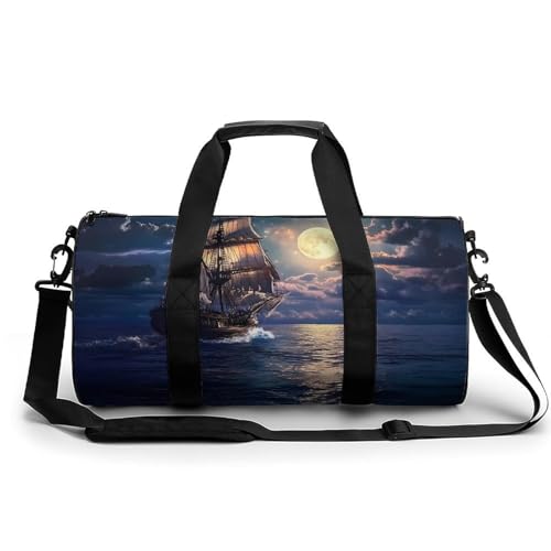 Boat Seascape And Moon in The Sky Sports Gym Bag Travel Duffel Workout Bag with Adjustable Strap