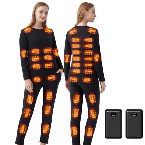 Ventouse Beheizte Unterwäsche Set mit 2-Powerbanks: 3 Heizstufen 42 Heizzonen Winter Damen Beheizte Hose und Top für Motorrad Jagd Ski Wintercamping (Schwarz-Damen, XXL)